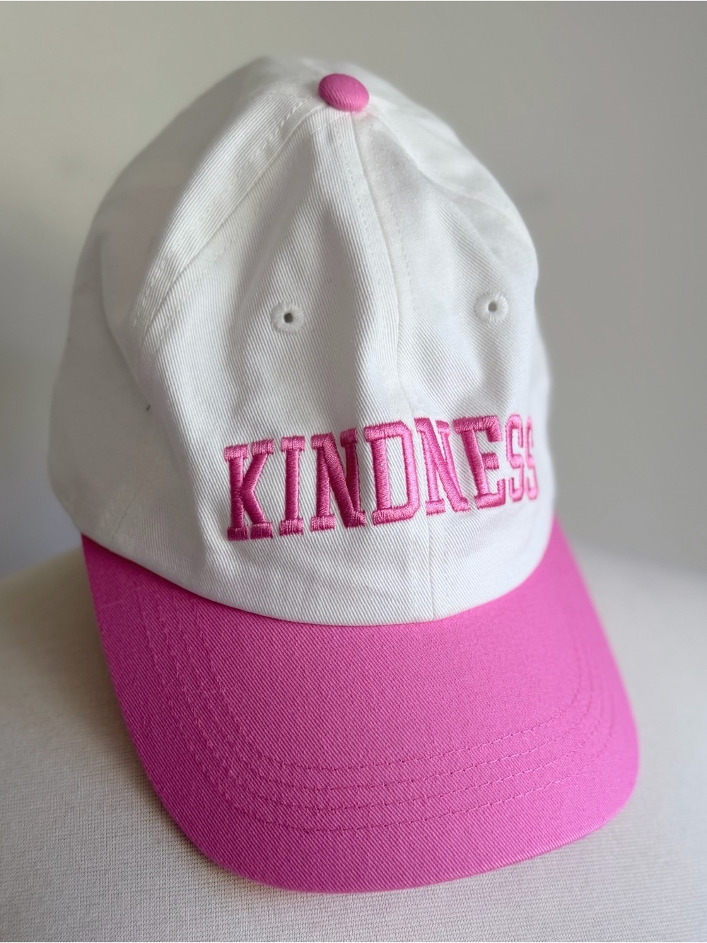 White and Pink 'KINDNESS' Embroidered Baseball Cap Adjustable Strap